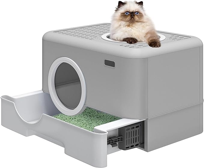 YITAHOME Large Enclosed Cat Litter Box with Lid Cover, Hooded Odorless Anti-Splashing Cat Toilet with Drawer Litter Scoop Front Entry Top Exit Door, Easy to Install and Clean