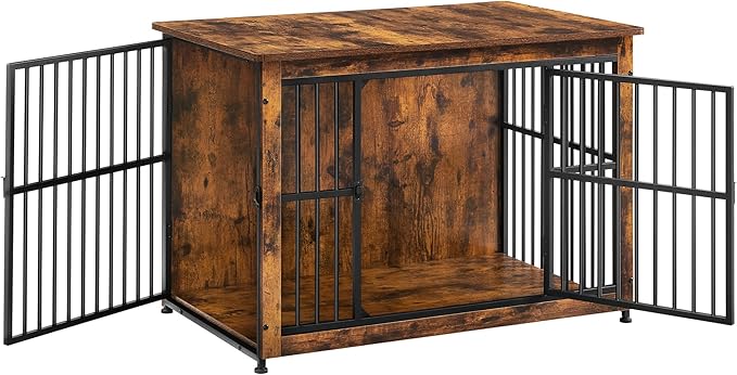 Feandrea Dog Crate Furniture, Side End Table, Modern Kennel for Dogs Indoor up to 70 lb, Heavy-Duty Dog Cage with Enclosed Base, Double-Door Dog House, Rustic Brown UPFC023X01