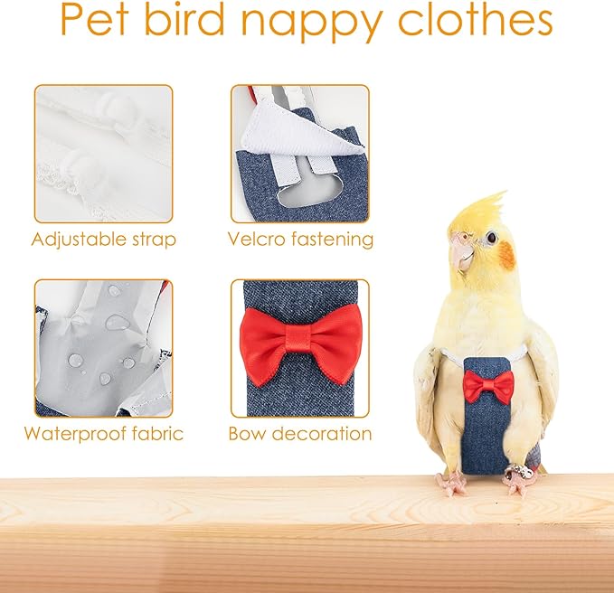 Parrot Clothes, Parrot Diaper Bird Flight Suit with Adjustable Shoulder Straps, Bird Diaper Harness, Bird Parrot Diaper with Elastic Training Rope (1PCS, Denim, M-Code)…