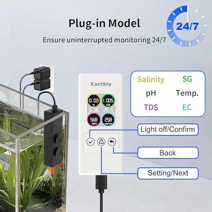 Upgraded 6 in 1 Aquarium Water Test Monitor for Freshwater, Fish Tank, Fish Pond,Accurate Testing PH, Temp, TDS, SG, Salinity, EC,