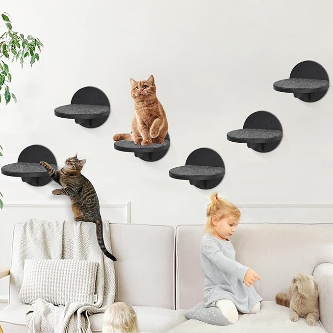 Y&ME YM 6-Packs Cat Climbing Shelves Wall Mounted, Cat Wall Steps Shelves, Cat Wall Shelves with Scratching Pad, Cat Wall Furniture for Cats Sleep Climb Play, Cat Shelves Cat Stairs Cat Ladder (Black)