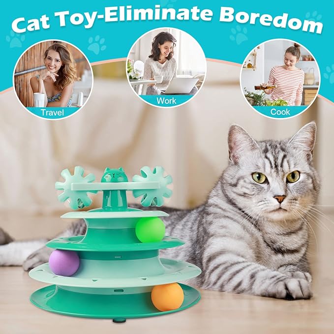 UPSKY Cat Toy Roller 4-Level Turntable Cat Toy Balls with Three Colorful Balls and Bell Ball X Turntable Interactive Kitten Fun Mental Physical Exercise Puzzle Toys.