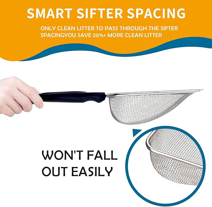 Cat Litter Scooper with Holder,Sturdy Litter Cleaner Corner Shovel,Stainless Steel Mesh Litter Scoop,Easy to Clean,Non-Slip Handle,Suitable for All cat Litter