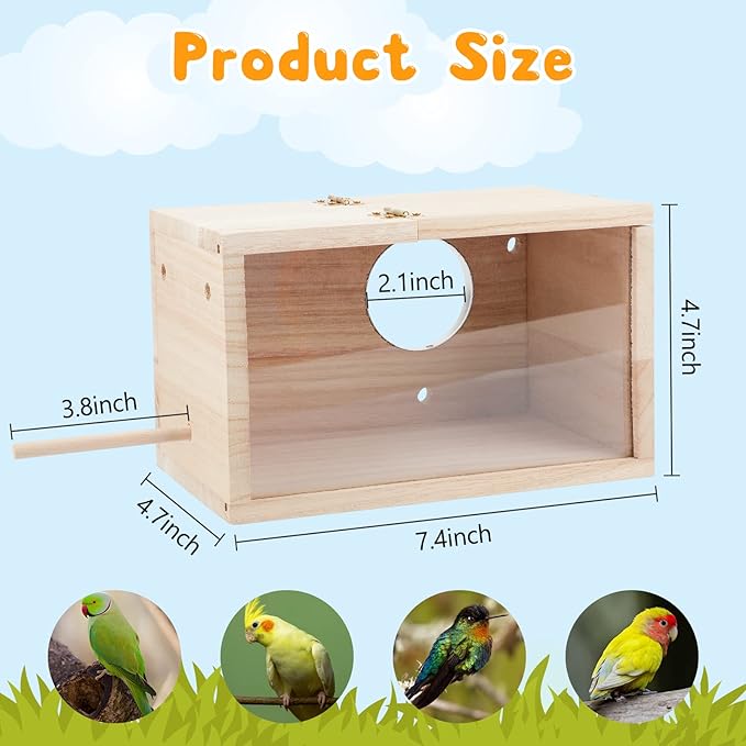 Rypet Parakeet Nesting Box Transparent Design, Bird Nest Breeding Box with Perch Wood Bird Cage House for Cockatiel Lovebirds Budgie Finch Parrotlets Canary