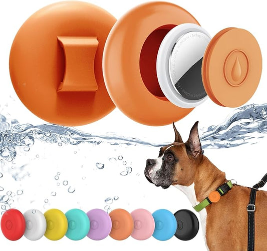 IPX8 Waterproof AirTag Dog Collar Holder, Hidden Air Tag Case for Cat Collar, Anti-Lost Silicone Cover for AirTag GPS Tracker Compatible with Pets Loop, Fits All Width Collars(Orange S)