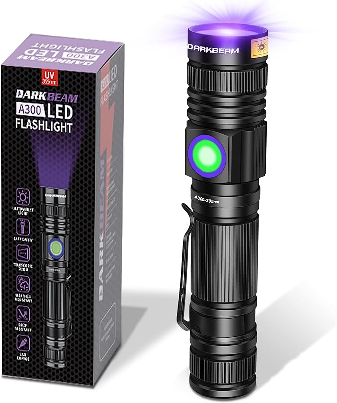 DARKBEAM UV 395nm Flashlight USB Rechargeable, Wood's lamp Black Light, Handheld Ultraviolet LED Portable with Clip, Resin Curing/Spot Scorpions/Fluorescer/Detector for Pet Dog Urine