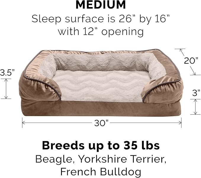 Furhaven Orthopedic Dog Bed for Medium/Small Dogs w/ Removable Bolsters & Washable Cover, For Dogs Up to 35 lbs - Plush & Velvet Waves Perfect Comfort Sofa - Brownstone, Medium