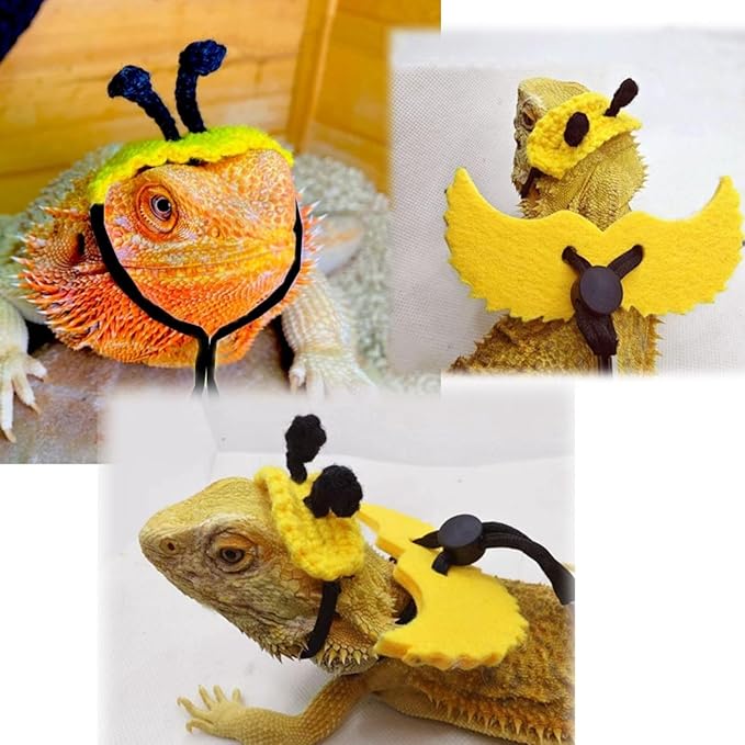 Bearded Dragon Harness and Leash Set - Adjustable Lizard Traction Rope with Wings Knitted Bee Hat Outdoor Walking Leash Escape Proof Reptile Bee Costume Accessories for Lizard Small Pets (Yellow)