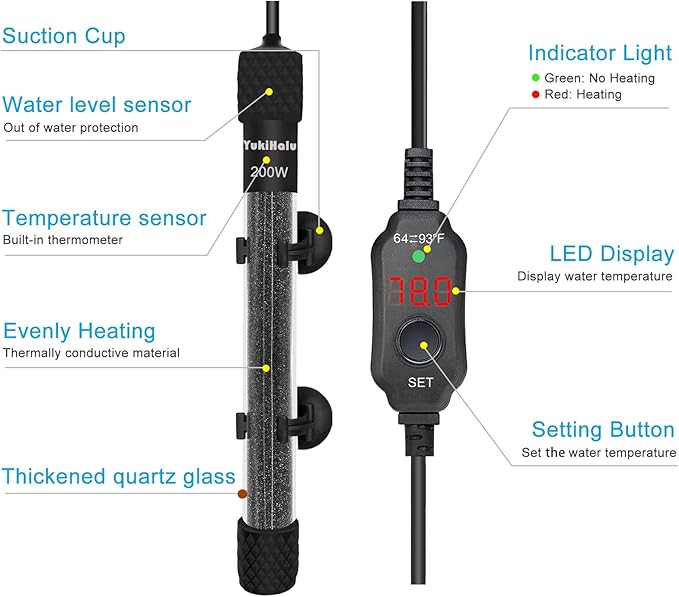 YukiHalu Small Submersible Aquarium Heater, Adjustable Mini Fish Tank Heater 25W 50W 100W 200W 300W with External Temperature Controller, LED Display, Used for 5/10/20/40/60 Gallons (200 Watts)