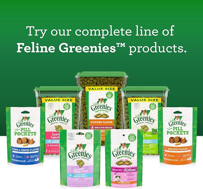 Greenies Feline Adult Natural Dental Care Cat Treats, Tempting Tuna Flavor, 9.75 oz. Tub