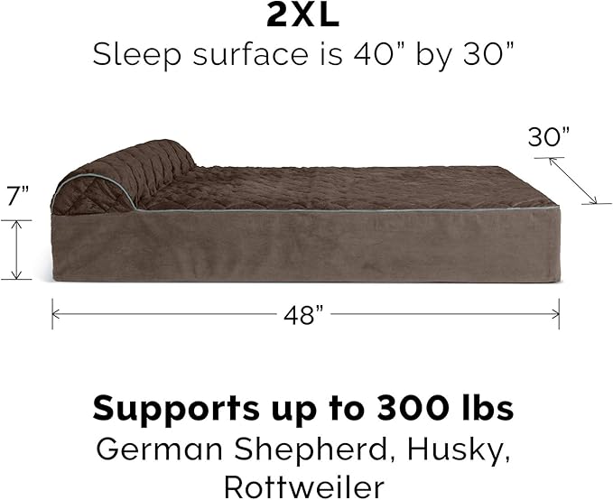 Furhaven Orthopedic Dog Bed for Extra Large Dogs w/ Bonus Water-Resistant Liner & Removable Washable Cover, For Dogs Up to 300 lbs - Goliath Quilted Faux Fur & Velvet Bolster Chaise - Espresso, XXL