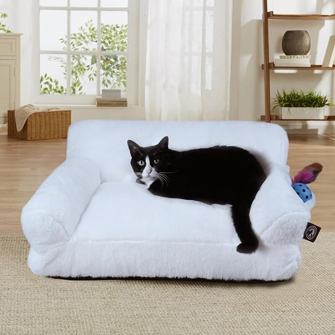 Pet Couch Bed, Washable Cat Beds for Medium Small Dogs & Cats up to 25 lbs, Soft Calming Cat Sofa Beds for Indoor Cats Anti-Slip Bottom，Fluffy Cat Couch (White)