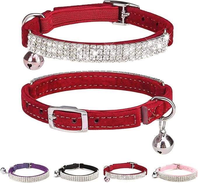 BINGPET Diamond Cat Collar,Adjustable Soft Velvet Leather Safe Kitten Collar with Shiny Rhinestones and Bells,Girl Boy Bling Stylish Cat Collars with Safety Elastic for Small Medium Cats,Red