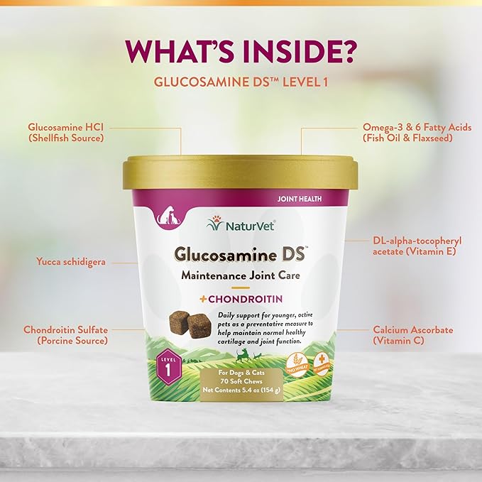 NaturVet Glucosamine DS Level 1 Maintenance, Joint Care Support Supplement for Dogs and Cats, Soft Chews, Made in The USA