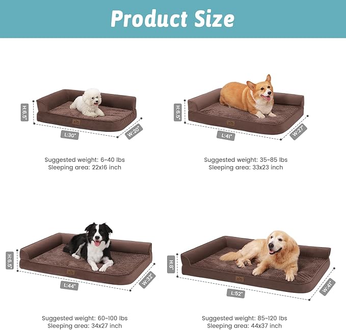 Orthopedic Dog Bed for Extra Large Dogs, XL Washable Dog Sofa Beds Large, Supportive Foam Pet Couch Bed with Removable Washable Cover, Waterproof Lining and Nonskid Bottom, Brown (L-Shaped)