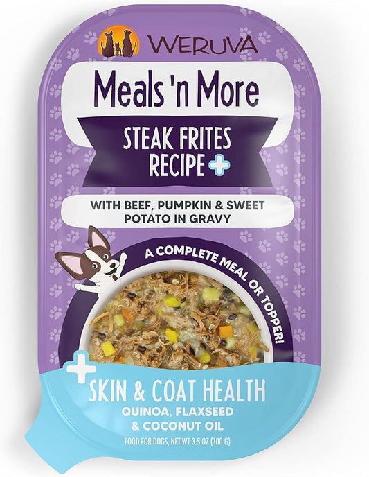 Weruva Meals 'n More Natural Wet Dog Food, Steak Frites Dinner Plus Skin & Coat Health, 3.5oz Cup (Pack of 12)