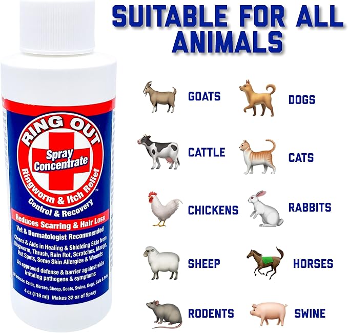 Ring Out - Control and Help Ringworm for Cats, Dogs, Sheep, Goats, Cattle, Horses, all Pets and Livestock makes 32 oz. of Spray