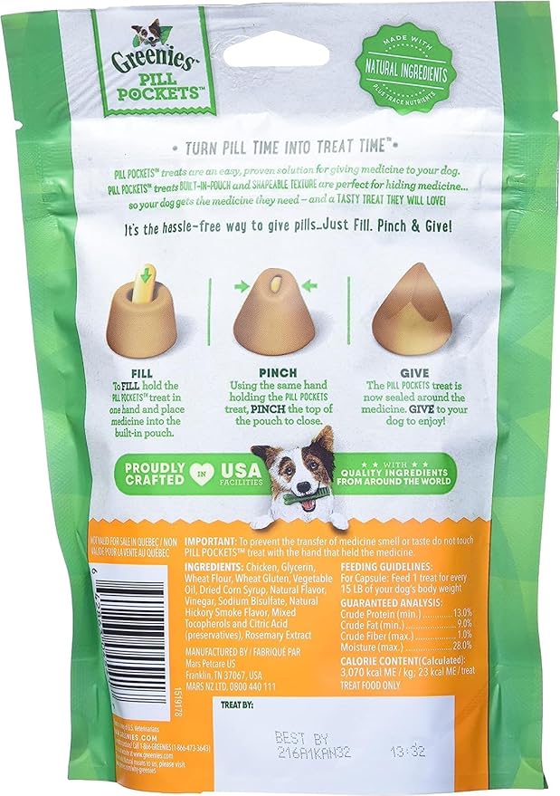 Greenies Pill Pockets for Dogs Capsule Size Natural Soft Dog Treats, Chicken Flavor, (6) 7.9 oz. Packs (180 Treats)