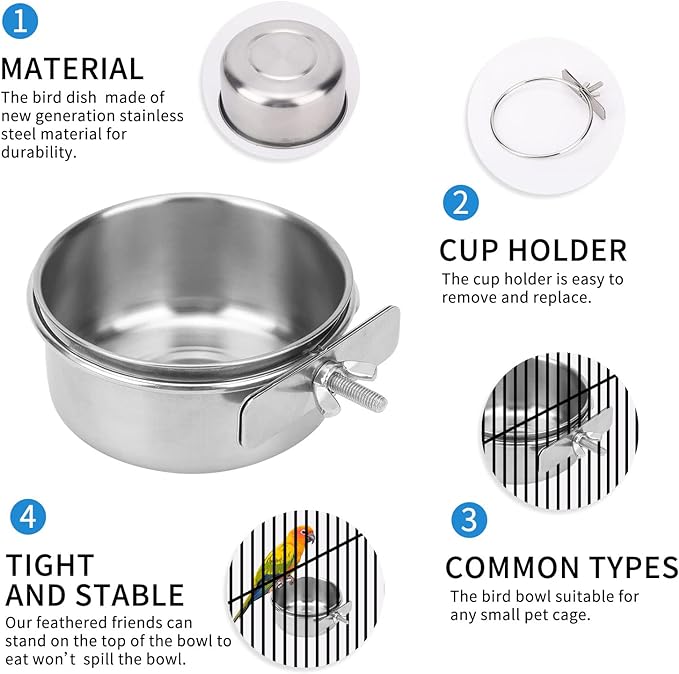 2pcs VVNIAA Stainless Steel Bird bowls, Durable Bird Water Bowl, Bird Feeding Cups, Chinchilla Food Bowl, Bird Dishes for Cage, Bird Cage Feeders and Waterers, Bird Food Bowl, Bird Bowls with Clamp.