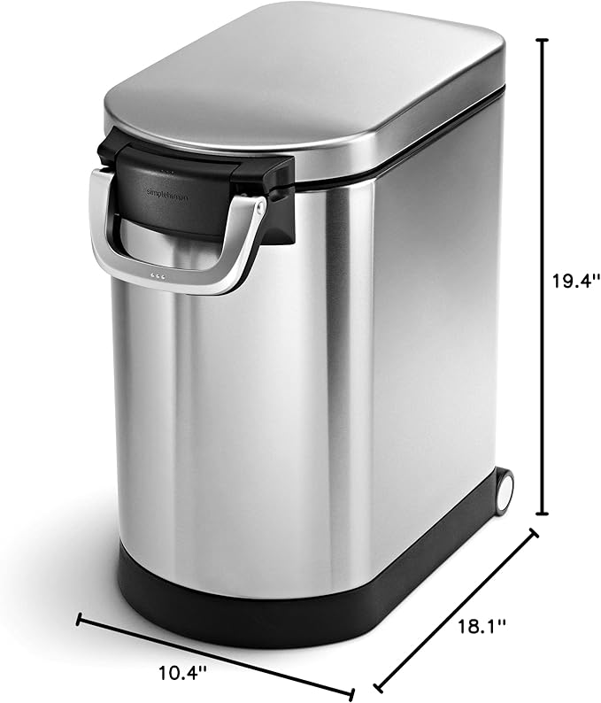 simplehuman 25 Liter, 27 lb / 12.2 kg Medium Pet Food Storage Container for Dog Food, Cat Food, and Bird Feed, Brushed Stainless Steel