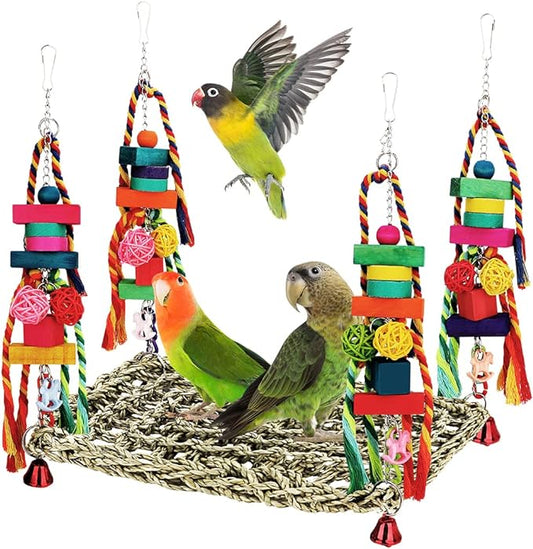 Bird Toys Parakeet Toys Conure Toys Bird Foraging Wall Toy,Seagrass Woven Hammock Swing Mat for Climb Perch Swing with Colorful Wooden Chewing Toys for Lovebirds,Parakeets,Conure,Cockatiel (Large)