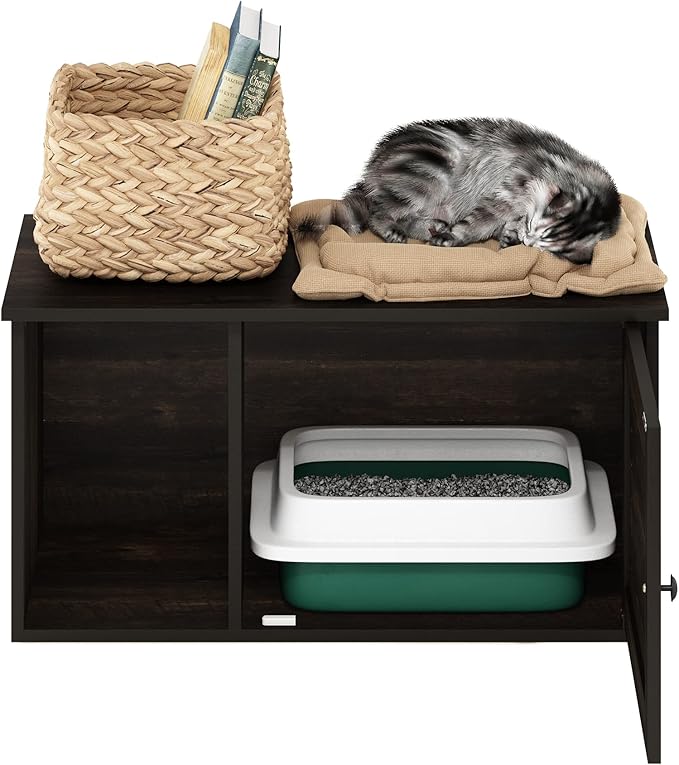 Furinno Peli Farmhouse Hidden Cat Litter Box with Divider, Ebony