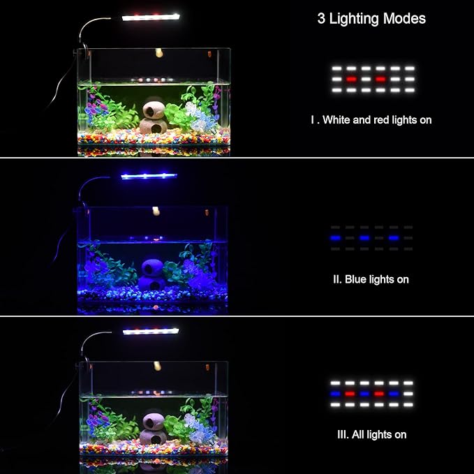 Aquarium Light for Fish Tank Clip on LED Fish Tank Light for 5 Gallon, Aquarium Light for Plants with Timer and Dimmer, White Blue Red LEDs 7W