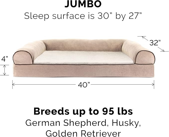 Furhaven Orthopedic Dog Bed for Large Dogs w/ Removable Bolsters & Washable Cover, For Dogs Up to 95 lbs - Sherpa & Chenille Sofa - Cream, Jumbo/XL