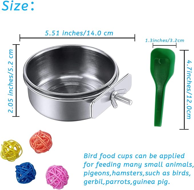 kathson Bird Feeding Dish Cups,Large Stainless Steel Parrot Food Water Bowl,Parakeet Feeder Birds Cage Ball Toys with Clamp Holder for Cockatiel Budgies Macaw Small Animal Chinchilla(7 Pcs)