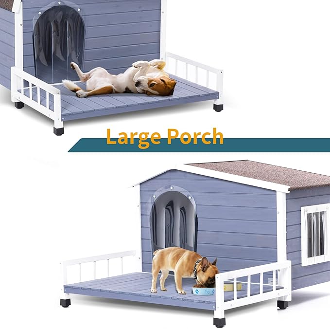 Petsfit Dog House Outdoor with Terrace & Openable Asphalt Roof, 40" L x 47" W x 28.5" H, Outside Dog House with Elevated Floor, Dog House for Small Medium Dogs