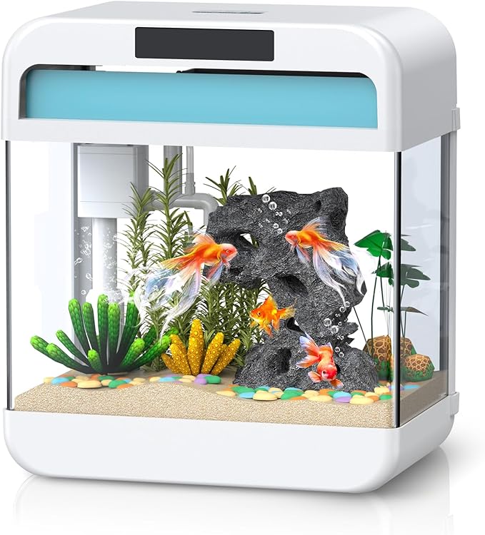 Fish Tank Aquarium 2.2 Gallon with Adjustable 3 Color Lighting Self Cleaning 3 in 1 Pump with Filteration, Oxygenation, Water Circulation Triple Function, HD Float Glass, Leak-Proof Thickened Base