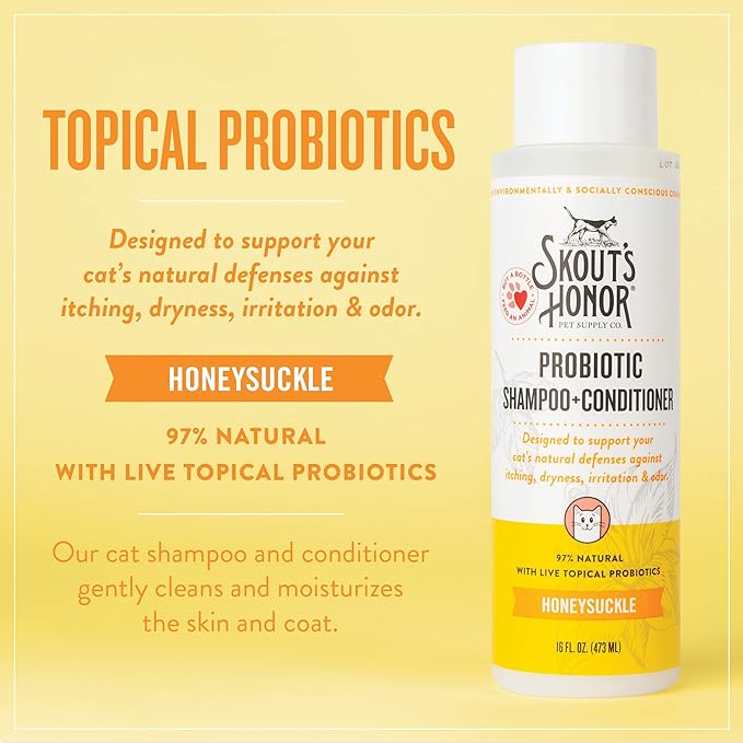 Skout's Honor Probiotic Cat Shampoo & Conditioner with Avocado Oil & Omega-3s, 97% Natural, Paraben & Sulfate-Free, Cruelty-Free, 16oz, Honeysuckle