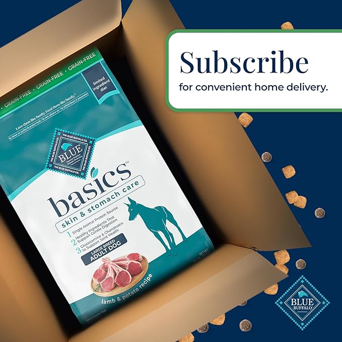 Blue Buffalo Basics Adult Large Breed Grain-Free Dry Dog Food for Skin & Stomach Care, Limited Ingredient Diet, Made in the USA with Natural Ingredients, Lamb & Potato Recipe, 22-lb. Bag