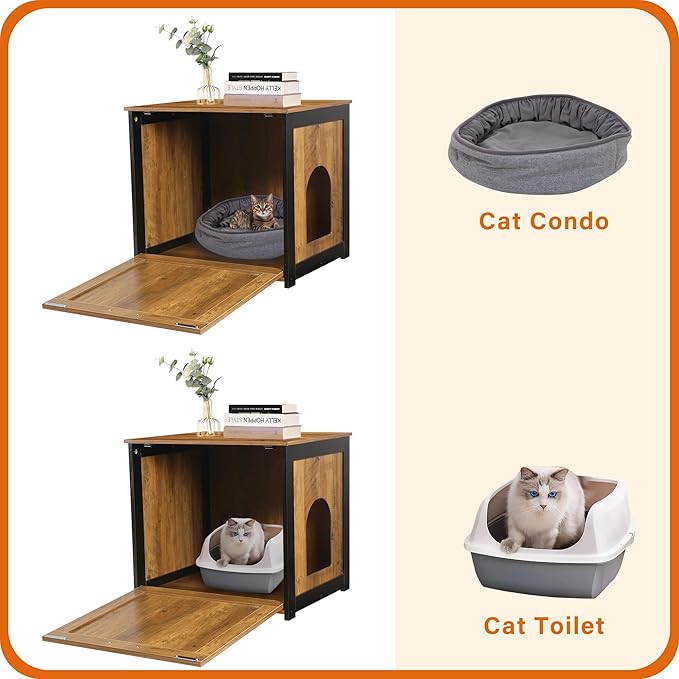 DWANTON Cat Litter Box Furniture Hidden, Cat Litter Box Enclosure, Reversible Entrance Can Be on Left or Right Side, Indoor Cat Box Cabinet, Wooden Cat Washroom, End Table, Nightstand, Warm Brown