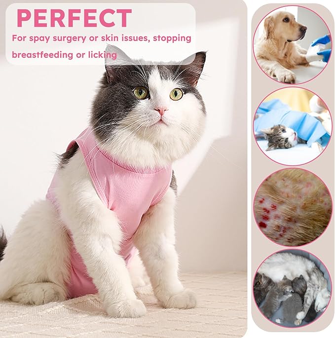 Cat Recovery Suit for Spay Abdominal Wounds, Kitten Onesie Bodysuit for Cats After Surgery, Cat Surgery Recovery Suit Female Cone of Shame Alternative for Cats Anti Licking (Pink,M)