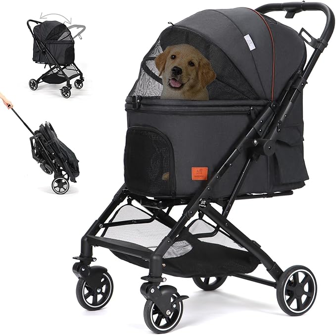 Pet Strollers for Small Medium Dogs Cats, No Zipper Entry with Reversible Handle, One-Hand Foldable Puppy Doggie Jogging Stroller Pet Travel (black & gray)