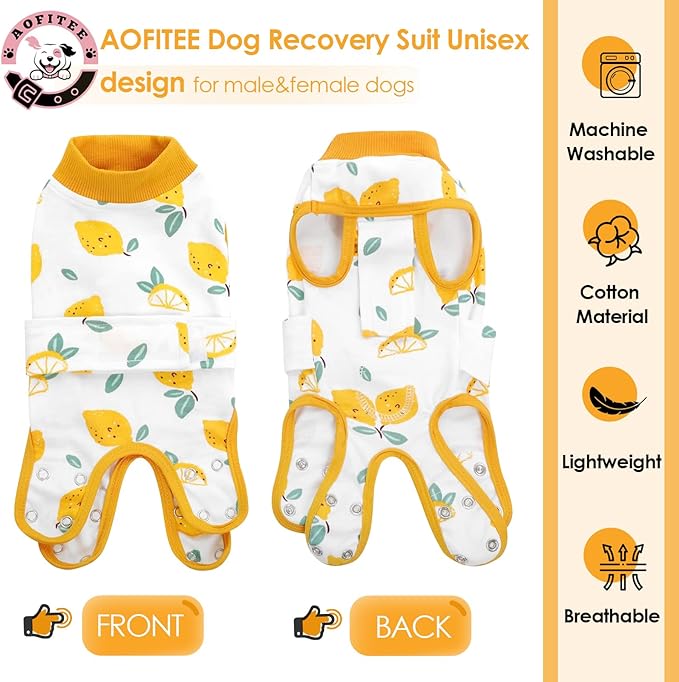 AOFITEE Dog Recovery Suit, Dog Surgical Recovery Suit for Female Dogs Male Dogs, Cozy Dog Onesie for Surgery, Cone E-Collar Alternative, Anti Licking Dog Surgical Shirt with Pee Hole, Lemon 2XL
