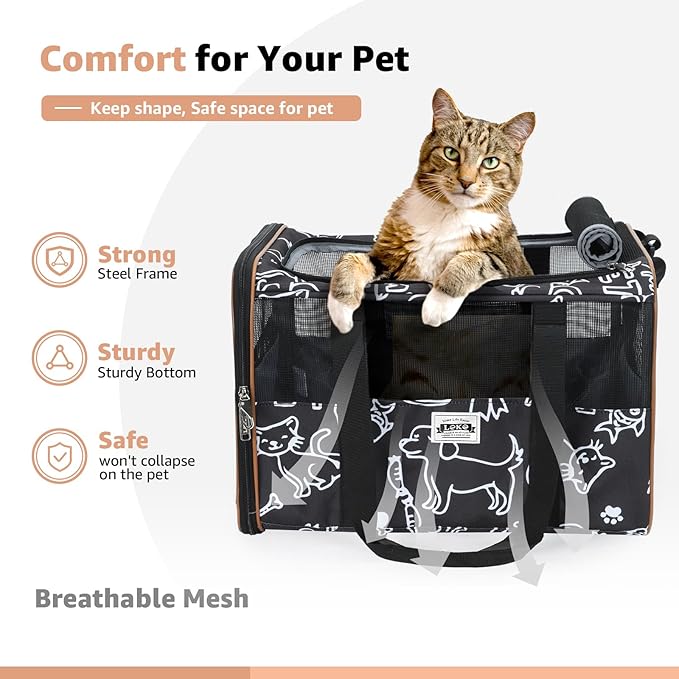 Lekereise Cat Carrier with Wheels for Small Pet, Airline Approved Dog Carrier with Wheels, Rolling Dog Cat Carrier, Black with Pattern