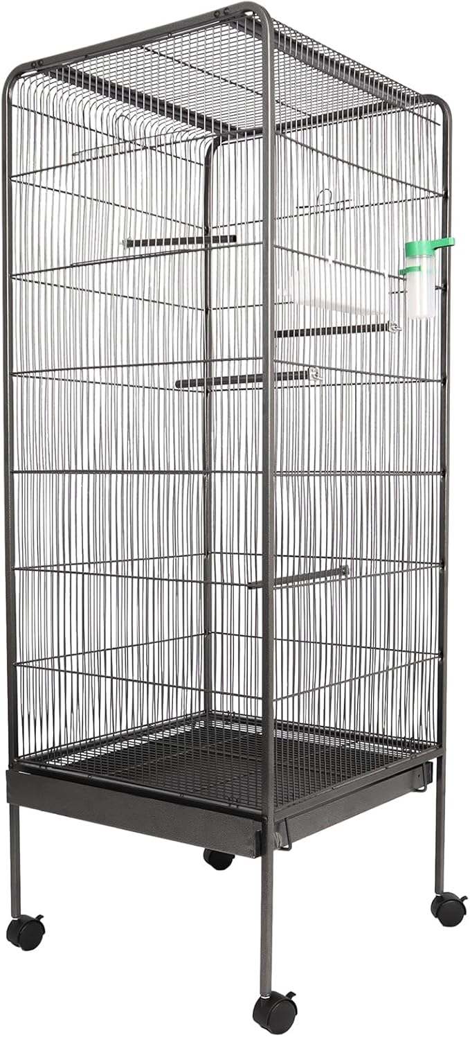 Steel Bird Cage with Rolling Stand, Plastic Feeder, PP Slide-Out Tray Large Flight Cage for Parrots, Parakeets, Cockatiels, Pigeons and Lovebirds Big Bird Cage Antique Gray As Shown