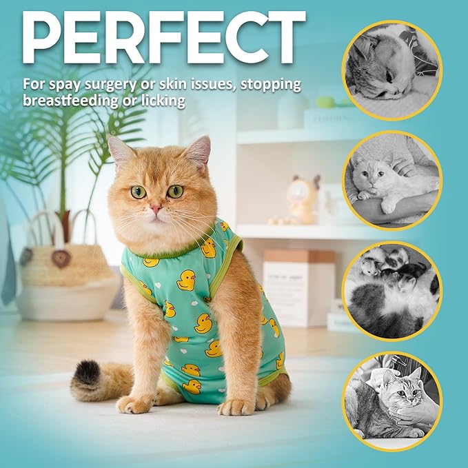 Avont Cat Recovery Suit, Cat Onesie for Cats After Spay Surgery Healing, Cat E-Collar Cone Alternative for Surgical Recovery Skin Diseases -Duck(M)