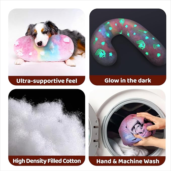 Dog Calming Pillow, Glow in The Dark Dog Throw Pillow, Soft J-Shaped Pillow for Cat & Dog, Machine Washable Pet Calming Toy for Joint Relief Sleeping Improve (Large)