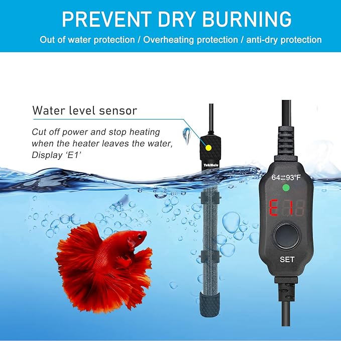 YukiHalu Submersible Aquarium Heater 100W 150W 200W, Adjustable Mini Fish Tank Heater, Small Size, Overheating Protection, External Controller, Used for 0.5-40 Gallons(200W)