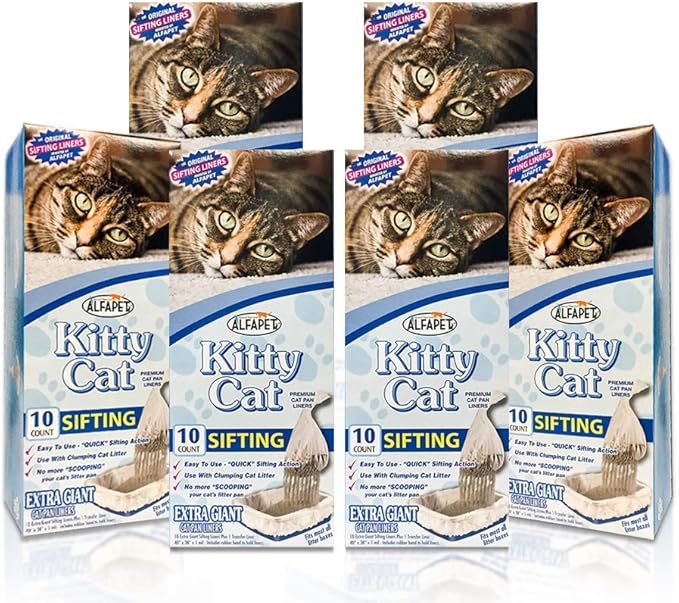 Alfapet Kitty Cat Pan Disposable, Sifting Liners- 60 count + 1 Transfer Liner-For Large, X-Large, Giant, Extra-Giant Size Litter Boxes-Included Rubber Band for Firm, Easy Fit - Pack of 6