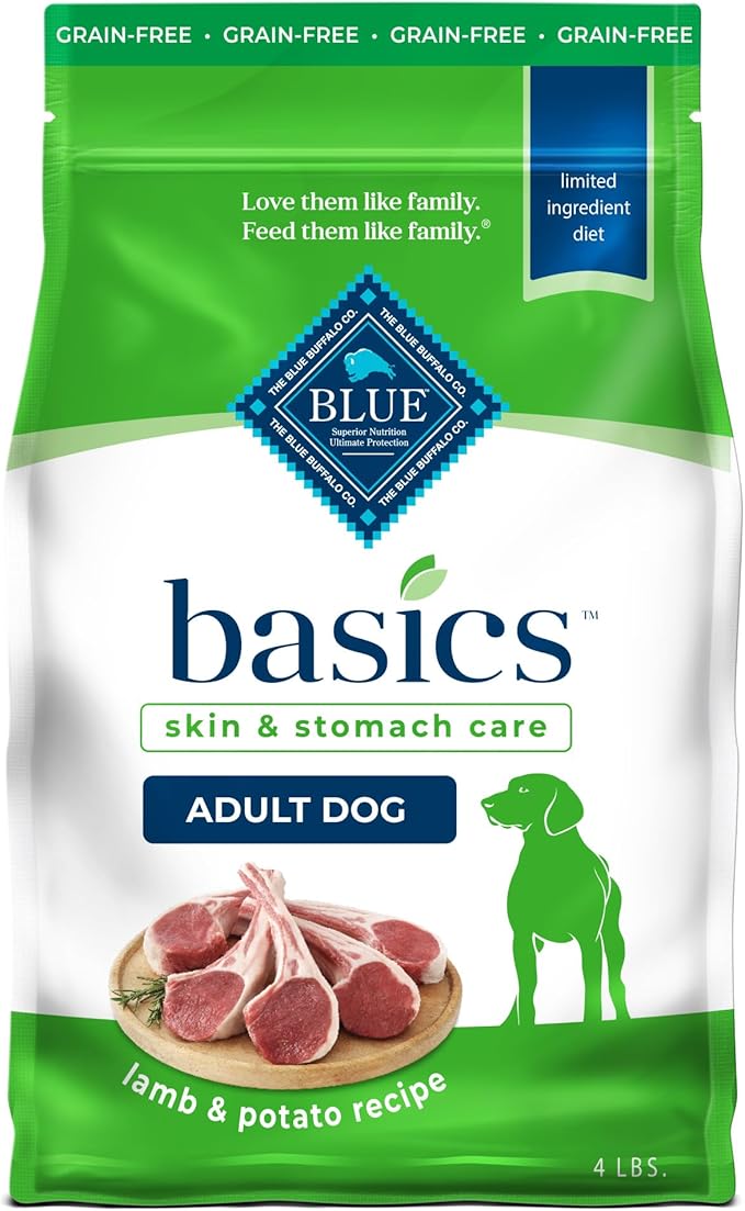 Blue Buffalo Basics Adult Grain-Free Dry Dog Food for Skin & Stomach Care, Limited Ingredient Diet, Made in the USA with Natural Ingredients, Lamb & Potato Recipe, 4-lb. Bag