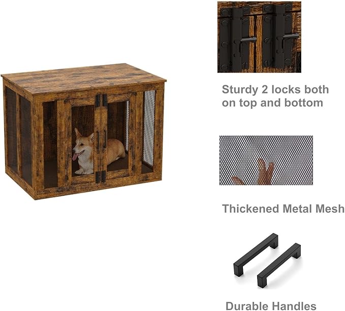 Irontar Dog Crate Furniture with Cushion, Double-Door Dog Crate for Small to Large Dogs, Wooden Dog Kennel Table, End Table Dog House Furniture, Dog Cage Indoor, Rustic Brown MGW001X-1