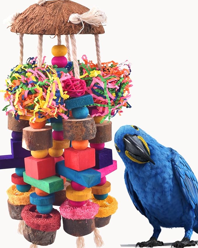 KATUMO Parrot Toys, Large Bird Chew Toys Medium Parrot Cage Accessory Colorful Wood Block Toys for Medium to Large Birds Macaws African Greys Cockatoos Amazon Parrots