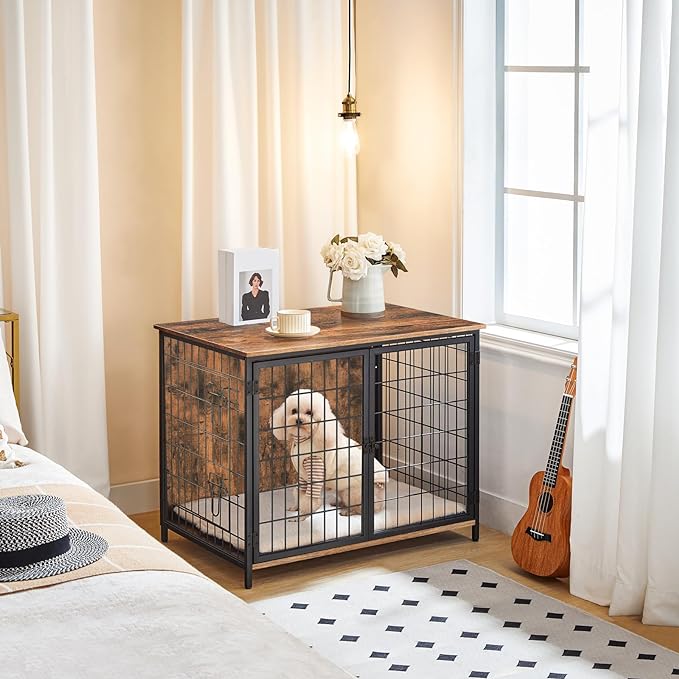 Dog Crate Furniture with Cushion, Wooden Dog Kennel with Double Doors, Heavy Duty Dog Cage for Small/Medium/Large Dogs, Indoor Dog House End Table, 31.5" L, Rustic Brown DCHR0701Z1