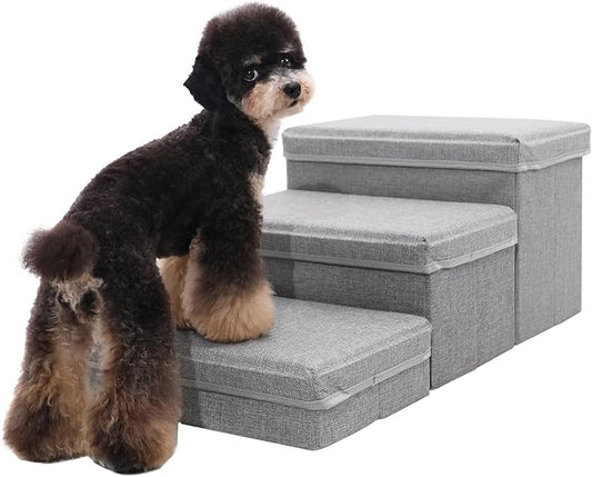 Foldable Dog Stairs/Steps 2-Tier Pet Steps Storage and Adjustable Steps for Small Medium Dogs Pet Steps Storage Stepper for High Beds Sofa Pet Dog Cat (3 STEP-Light Grey)