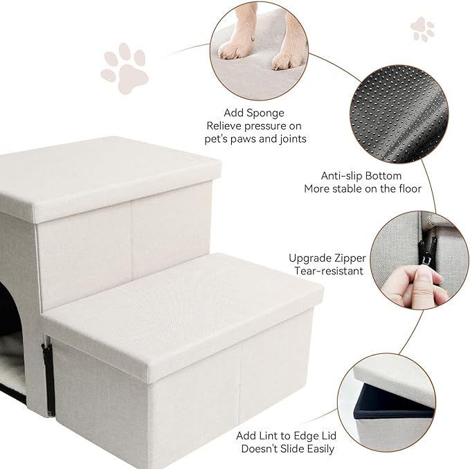 Dog Stairs, Dog Steps for High Beds 15" H, Folding Pet Stairs for Small Dogs Puppy Dog with Storage for Bed and Couch, Cat Dog Ramp Hold Up to 150 lbs (Beige Gray, 2 Steps with Condo)