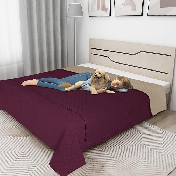 Easy-Going 100% Waterproof Dog Bed Cover Reversible Leak Proof Couch Cover Washable Sofa Cover Furniture Protector Blanket for Pets Kids Children Dog Cat (102x90 Inch, Wine/Beige)